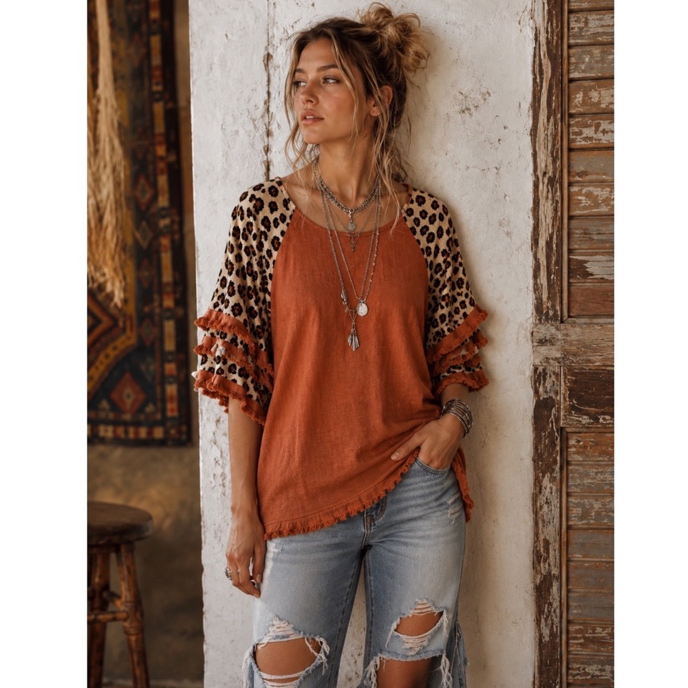 Umgee USA Burnt Orange Linen Blend Leopard Print Tiered Fringe Sleeve Top Small